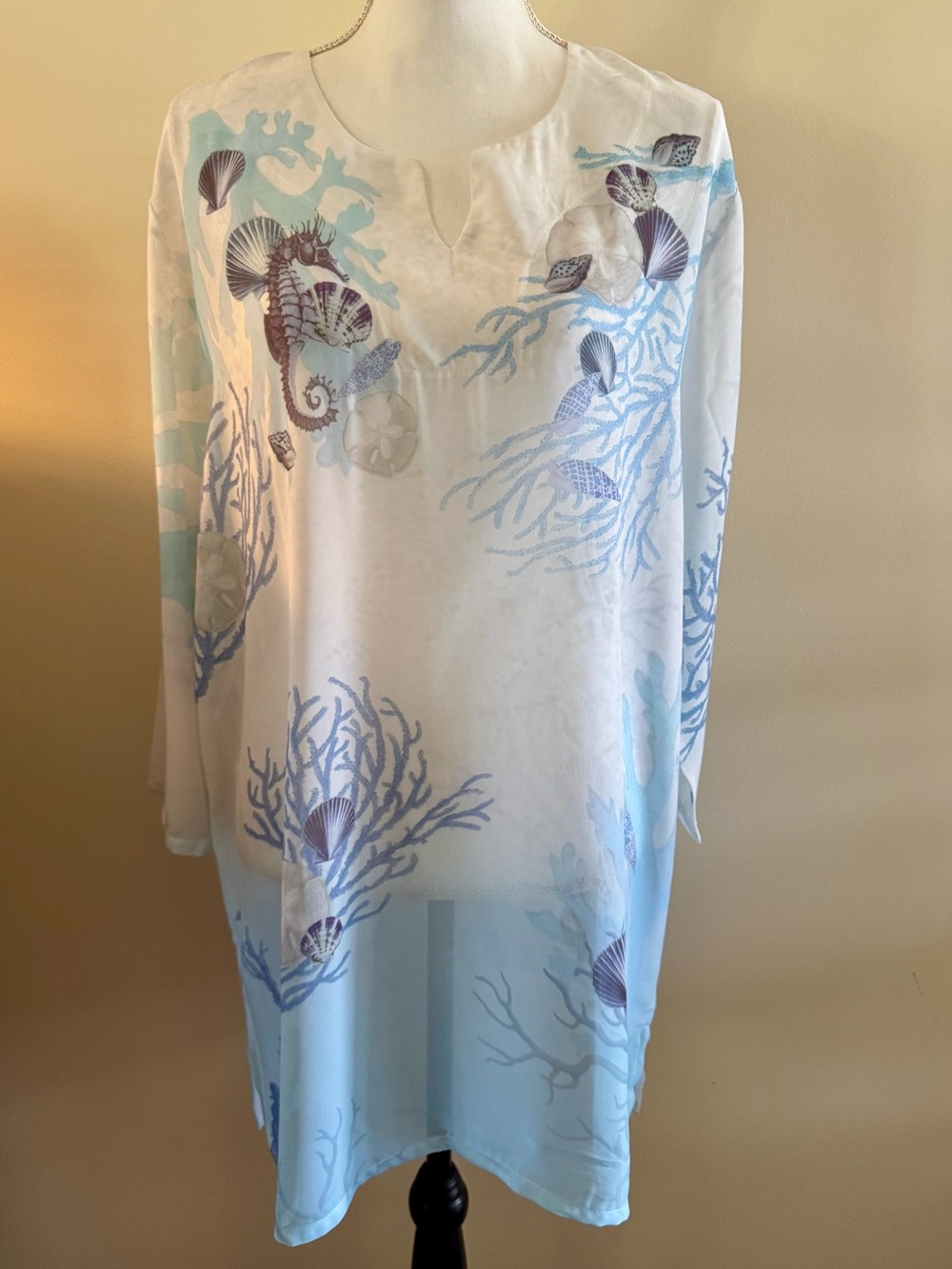 Women’s Seashell & Seahorse Swim Coverup Tunic in White and Light Blue